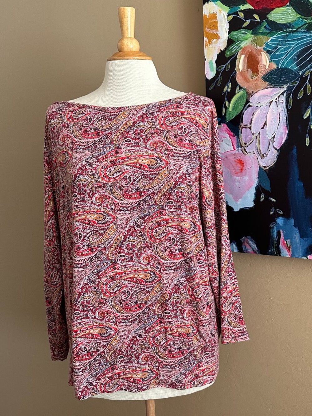 Awuliffan Paisley Boat Neck Top XL Boho Stretch Tunic Burgundy Pink